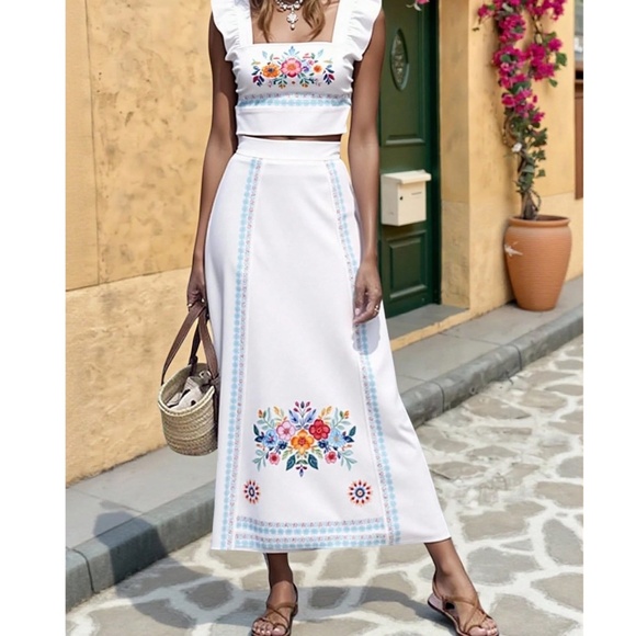 Boho Floral Print Ruffle Cap Sleeve Cropped Top Maxi Skirt Set - Picture 7 of 8